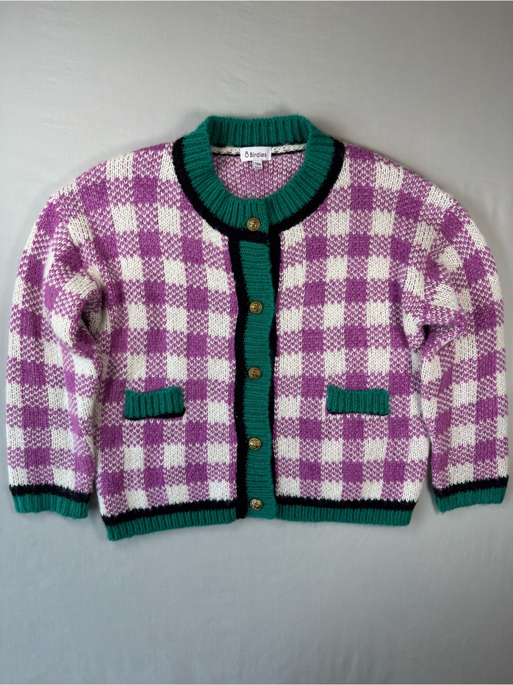 8 Birdies Purple Checkered Cardigan Sweater Gold Lion Buttons‎ S/M